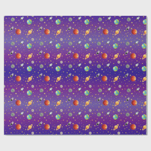 Papel De Presente Astronauta Temático Espacial, Nave Espacial e Plan