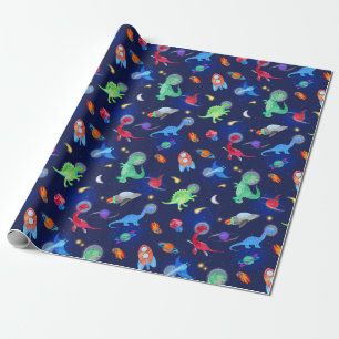 Papel De Presente Astronautas Dinossauros Aquarela No Espaço Azul