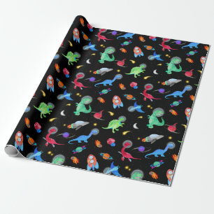 Papel De Presente Astronautas Dinossauros Aquarela No Espaço Azul