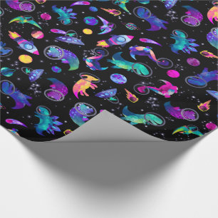 Papel De Presente Astronautas do Dinossauro Espaços em Aquarela Din