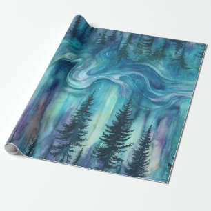 Papel De Presente Aurora Boreal Floresta em Aquarela (8)