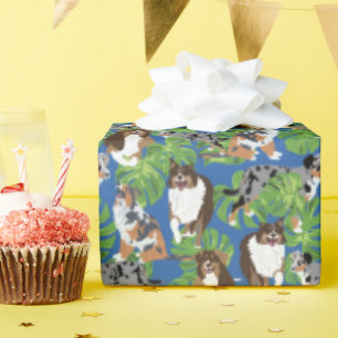 Papel De Presente Aussies Australiano Shepherd Dogs Folhas Tropicais