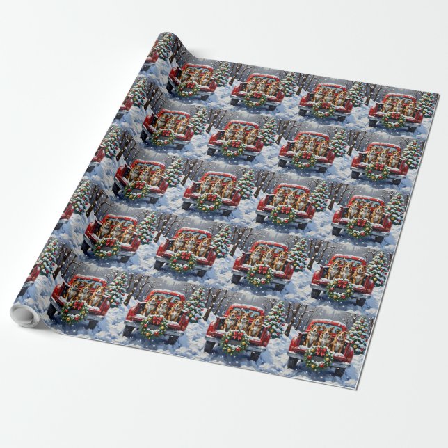 Papel De Presente Australian Cattle Dog Christmas Red Truck Holiday (Desenrolado)
