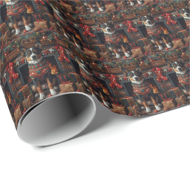 Papel De Presente Australian Kelpie com Presentes de Natal Lareira (Ponta do rolo)