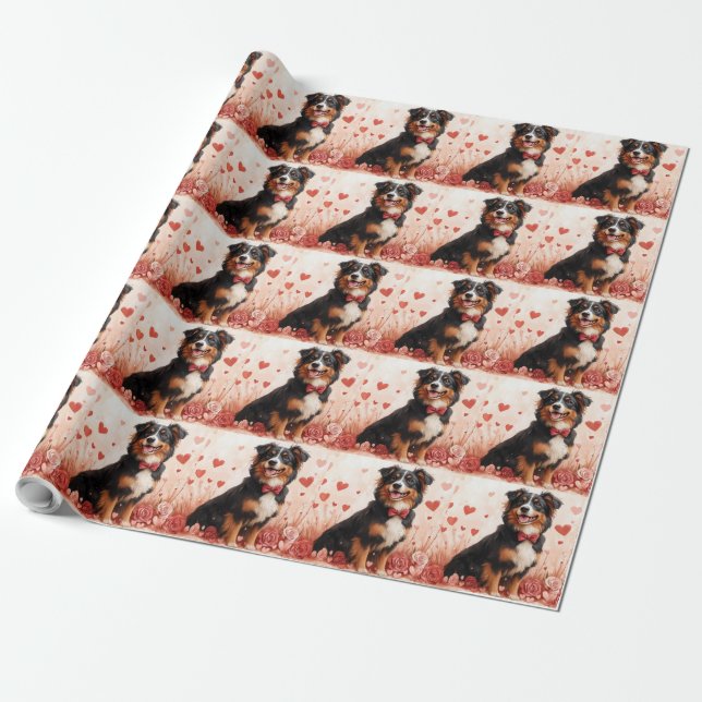 Papel De Presente Australian Shepherd com Rosas - Dia dos Namorados  (Desenrolado)