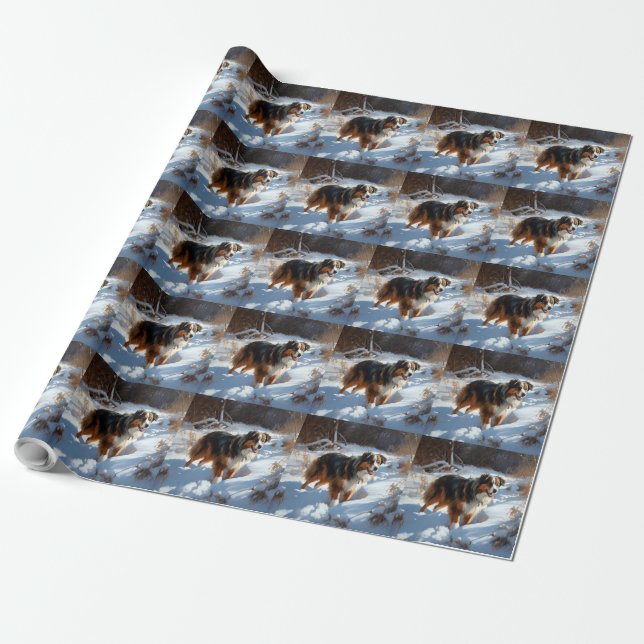 Papel De Presente Australian Shepherd Deixe Nevar Natal (Desenrolado)