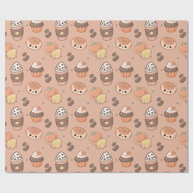 Papel De Presente Autumn Baked Goods & Coffee Kawaii Pattern (Aberto)