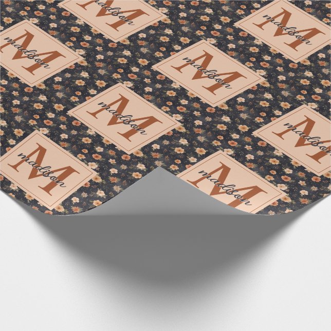 Papel De Presente Autumn Dark Moody Terracotta Floral Monograma (Ponta)