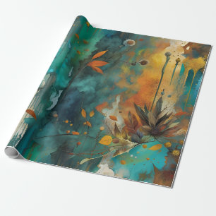 Papel De Presente Autumn Harvest Teal Rust Abstrato Dourado