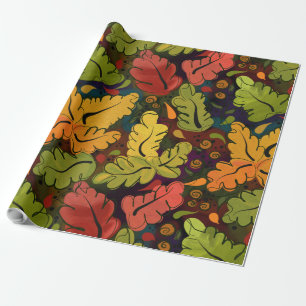 Papel De Presente Autumn Leaves e Berries Brown Dourado Verde