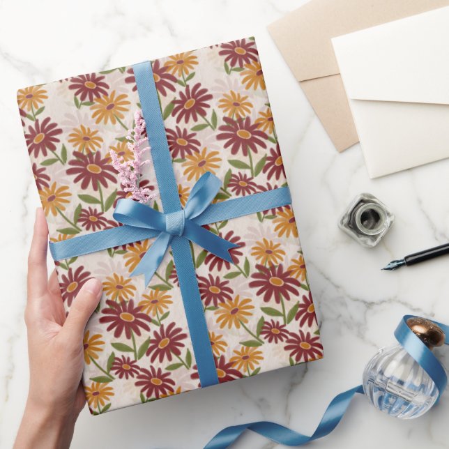 Papel De Presente Autumn Orange e Maroon Flowers Gift (Presentear)