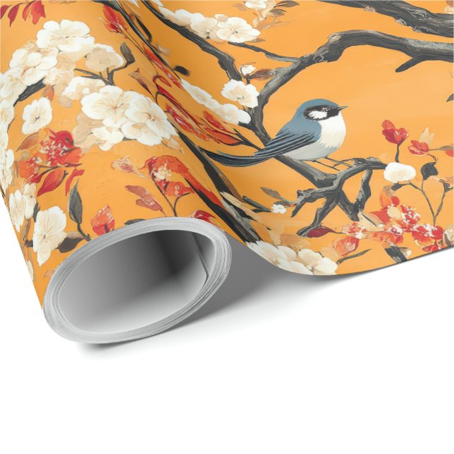 Papel De Presente Autumn Orange Floral Birds Chinoiserie (Ponta do rolo)