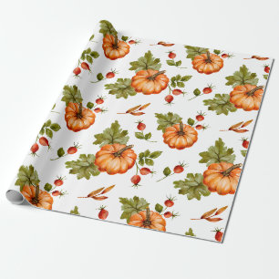 Papel De Presente Autumn Pumpkins, Red Berries e Folhas
