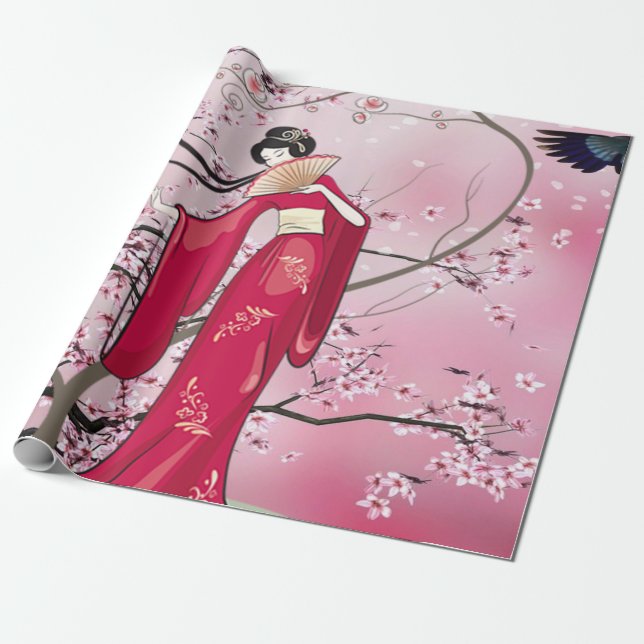 Papel De Presente Autumn Season - Lady Japonesa Em Kimono (Desenrolado)
