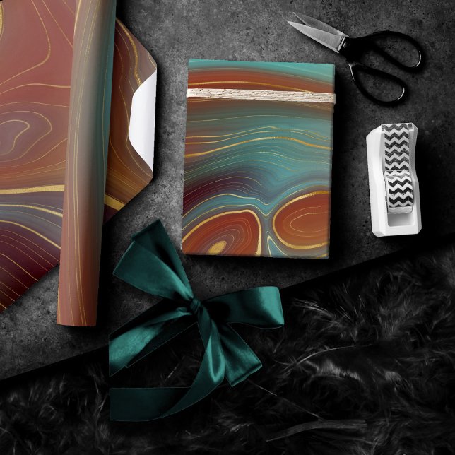 Papel De Presente Autumn Strata | Terra Cotta Teal e Agate Dourado (Criador carregado)