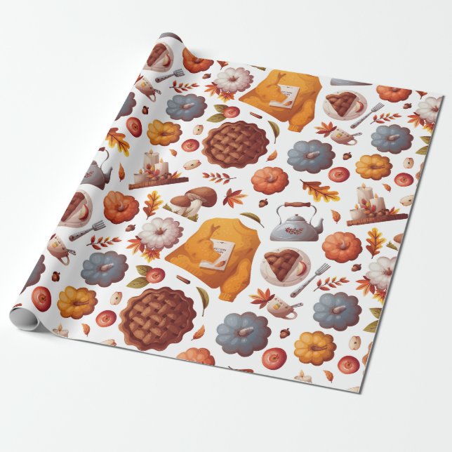 Papel De Presente Autumn Vibes - Abóboras, Pizza de Maçã, Cogumelos (Desenrolado)