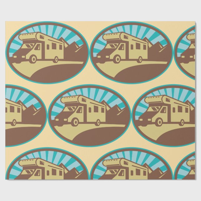 Papel De Presente Aventura Retro de Camping em Montanha com Sol Vint (Aberto)