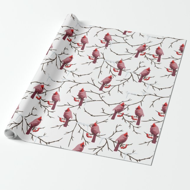 Papel De Presente Aves Cardinais, Cerejas de inverno e Padrão de Nev (Desenrolado)