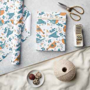 Papel De Presente Aves coloridas com símbolos de inverno e Natal
