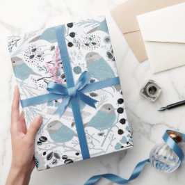 Papel De Presente Aves de frango Cinza azul-esbranquiçada Flores de 