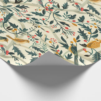Papel De Presente Aves de Natal e Folhas