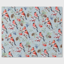 Papel De Presente Aves de Natal Red Bullfinch Berries & Pine Cones