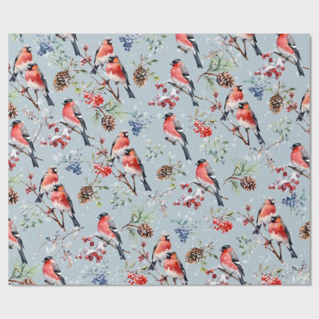 Papel De Presente Aves de Natal Red Bullfinch Berries & Pine Cones (Aberto)