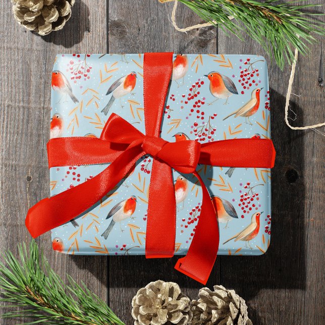 Papel De Presente Aves e bagas de louro, azuis e vermelhos, de inver (Cute Bird Blue Robin Winter Christmas Holiday Pattern Wrapping Paper)
