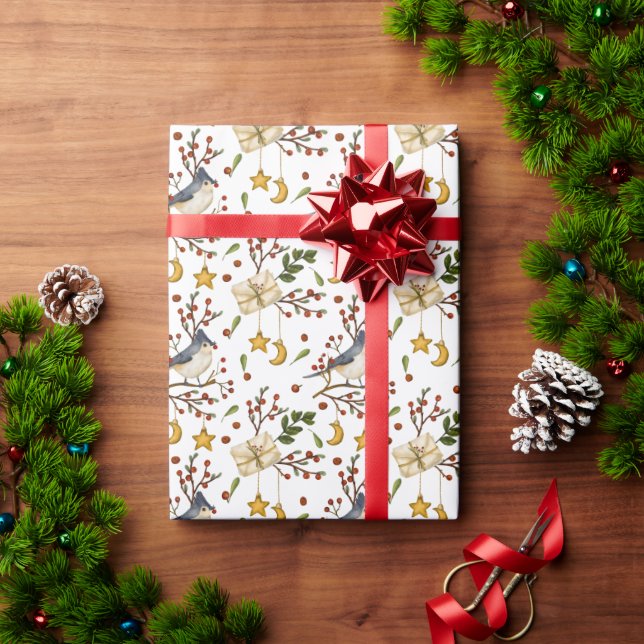 Papel De Presente Aves e Berries Vermelhos Festivos (Presente de Natal)