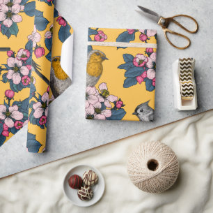 Papel De Presente Aves e Blossomas em amarelo