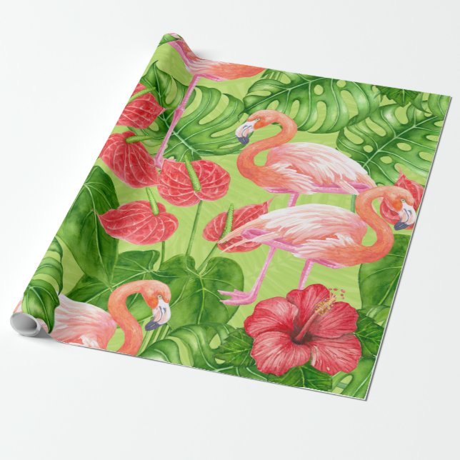 Papel De Presente Aves Flamingo e plantas tropicais (Desenrolado)