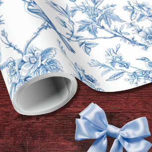Papel De Presente Aves Florais de Chinoiserie Azul e Branca
