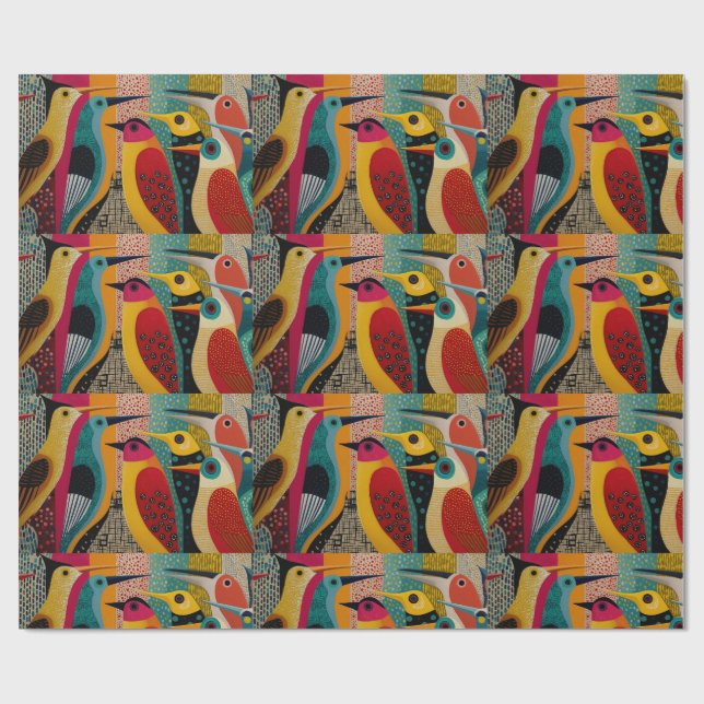 Papel De Presente Aves imaginárias em cores vivas, trilhadas (Aberto)
