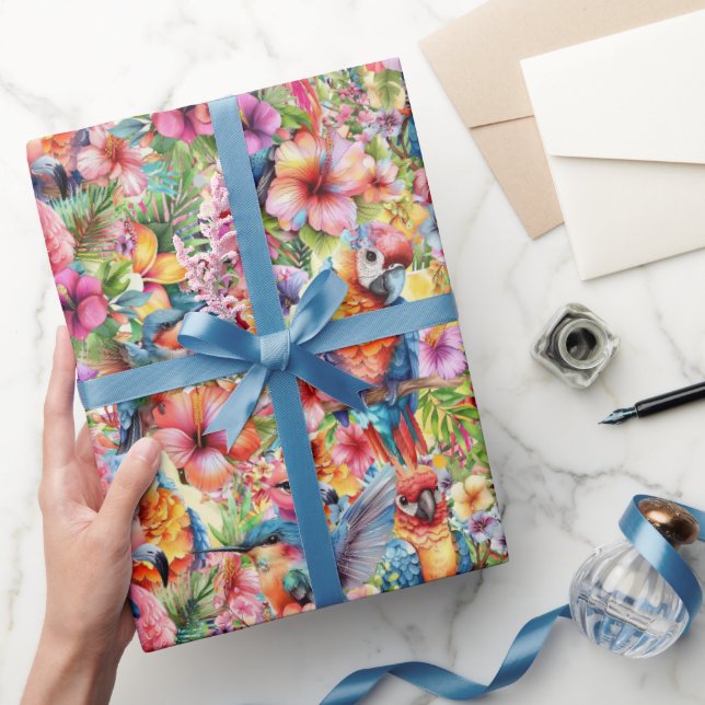 Papel De Presente Aves Tropicais e Flores Pequenas (Presentear)