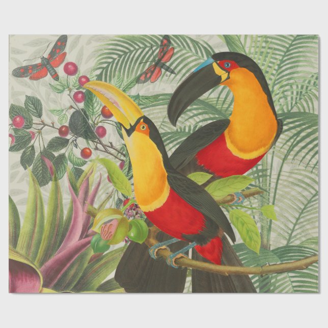 Papel De Presente Aves Tropicais Vibrantes Turianos Arte Selva Exóti (Aberto)