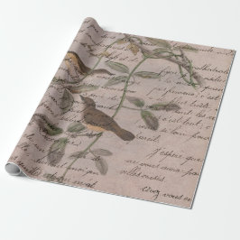 Papel De Presente Aves Vintage em Ramais com Escrevendo