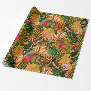 Papel De Presente Aves Vintage Tropicais no Amarelo do Paraíso Selv