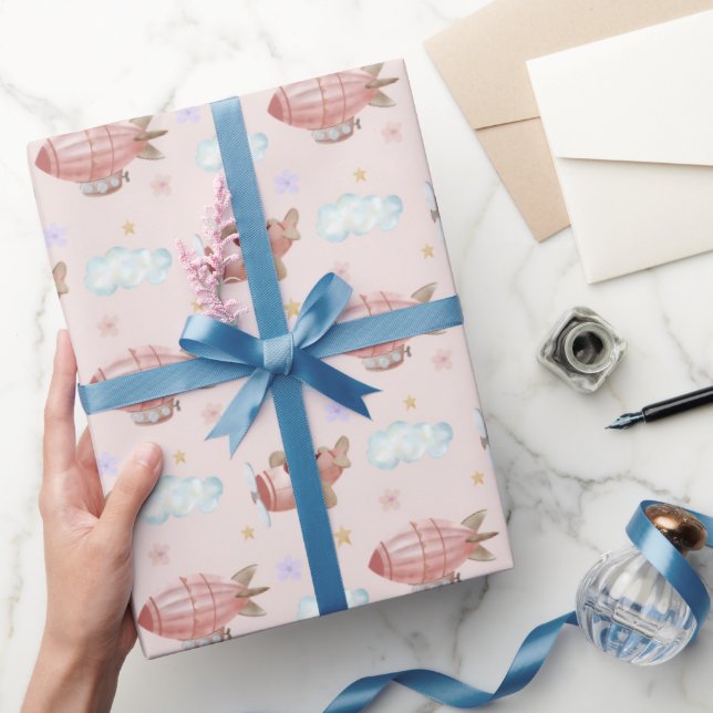 Papel De Presente Avião Rosa Aquarela (Presentear)