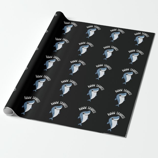 Papel De Presente Awww Sharks Funny Animal Pun Dark BG (Desenrolado)
