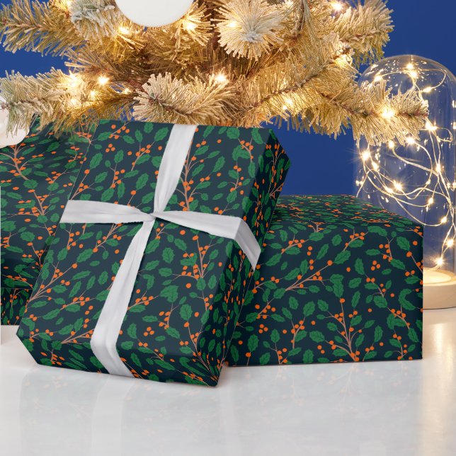 Papel De Presente Azevinho de Natal Botânica Verde Naval (Feriados)