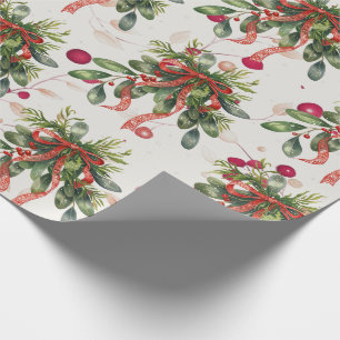 Papel De Presente Azevinho de Natal com Folhagem e Fita Vermelha