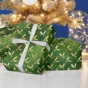 Papel De Presente Azevinho de Natal Dourado sobre Verde