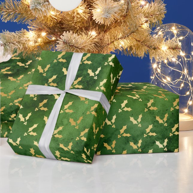 Papel De Presente Azevinho de Natal Dourado sobre Verde (Feriados)