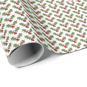 Papel De Presente Azevinho de Natal Frutas Vermelhas Folhas Verdes