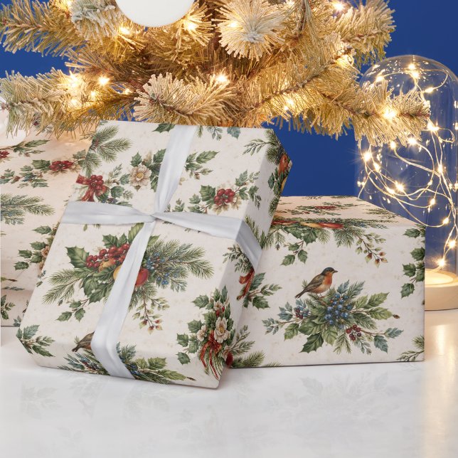 Papel De Presente Azevinho de Natal Tradicional e Frutas de Inverno (Feriados)