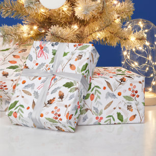 Papel De Presente Azevinho e Frutas Botânicas de Inverno