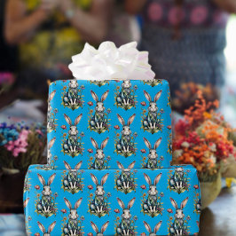 Papel De Presente Azu Celeste Coelhinho Floral de Aquarela Páscoa