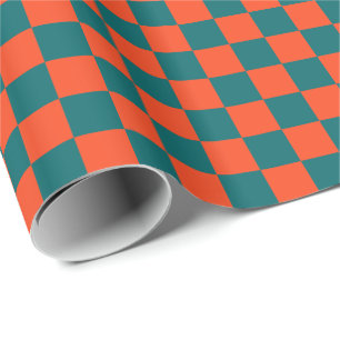 Papel De Presente Azul Água Escuro e Laranja Coral Xadrez
