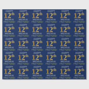 Papel De Presente Azul, ANIVERSÁRIO FELIZ Dourado do falso "12o "