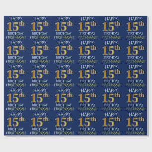 Papel De Presente Azul, ANIVERSÁRIO FELIZ Dourado do falso "15o "